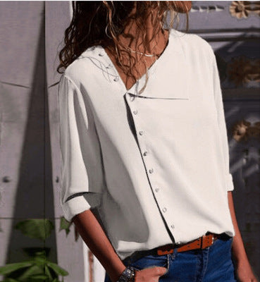 Color: White, Size: XL - Irregular Oblique Collar Long-sleeved Blouse Shirt