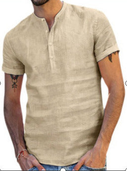 Color: Khaki, Size: XL - Stand collar cotton linen short sleeve shirt