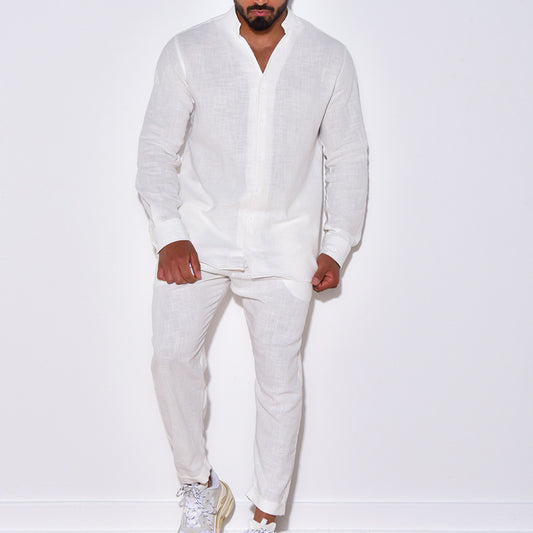 Color: White, Size: S - Men's Linen Solid Color Lounge Suit Long Sleeves