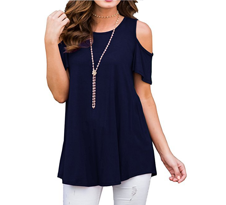 Color: Navy Blue, Size: M - Round Neck Short Sleeve Off Shoulder Loose T-Shirt Casual Top