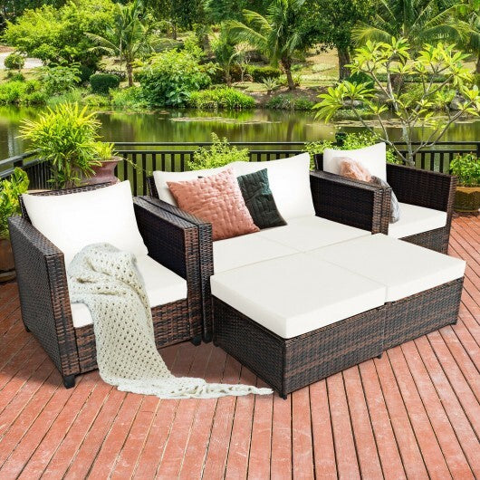 5 Pieces Patio Cushioned Rattan Furniture Set-White - Color: White