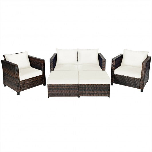 5 Pieces Patio Cushioned Rattan Furniture Set-White - Color: White